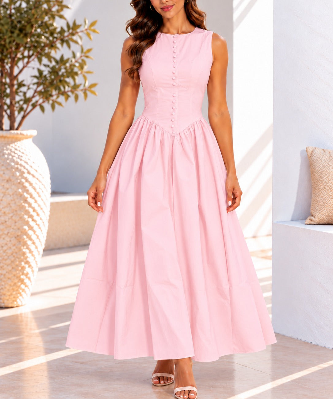Pink sleeveless maxi dress front view