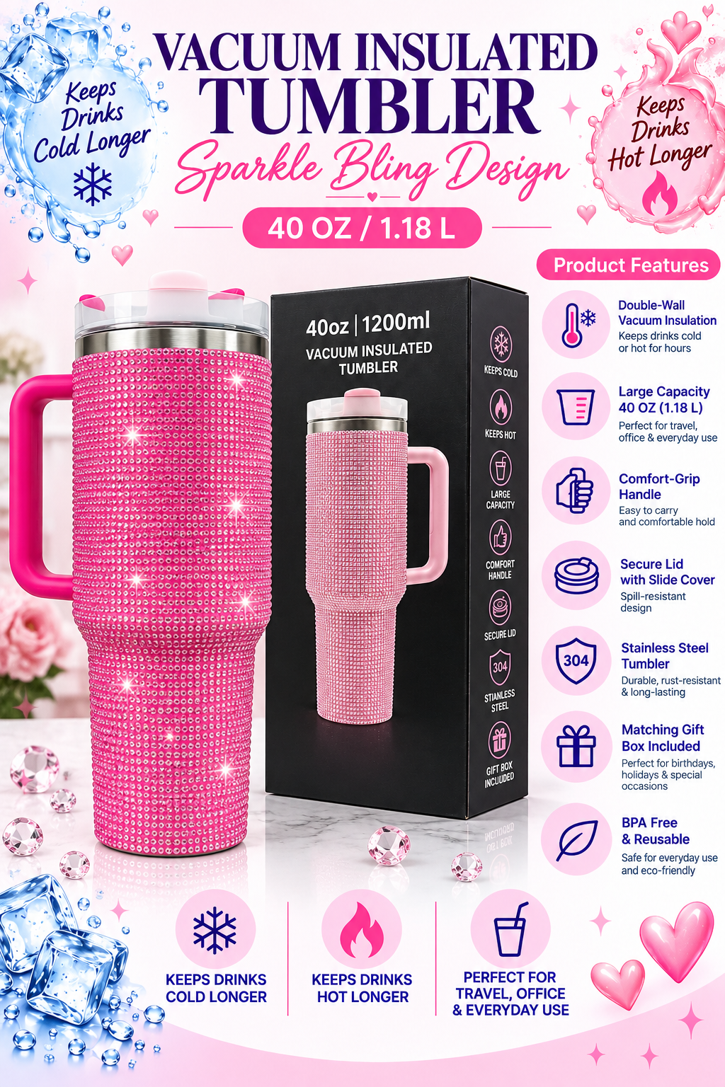 Pink sparkle bling 40 oz vacuum insulated tumbler product features