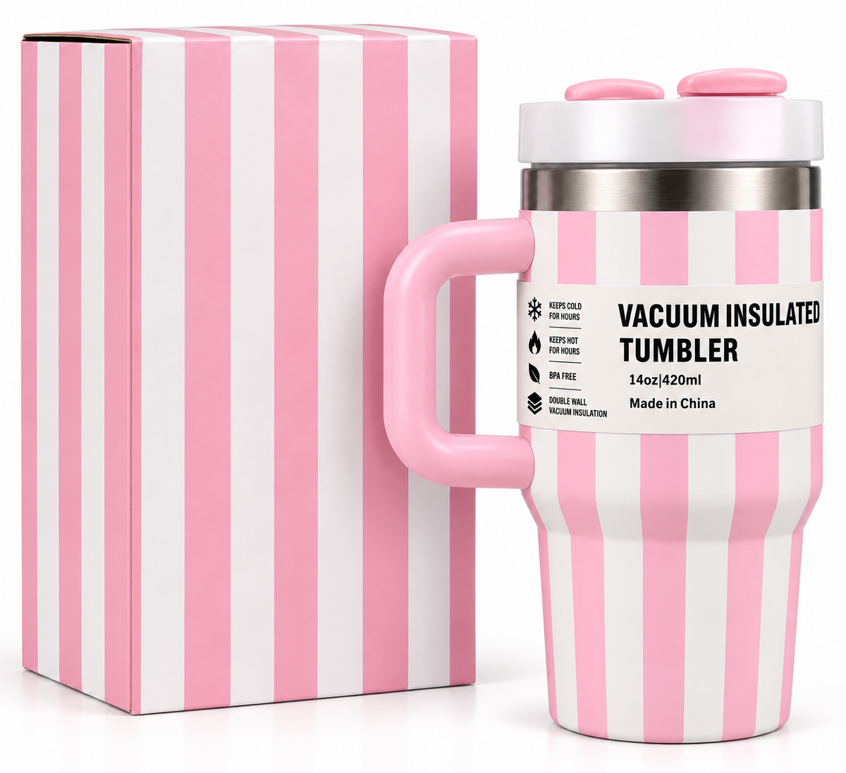 Pink and white striped 420ml tumbler with matching box
