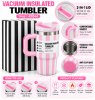 Pink striped vacuum tumbler features and lid details