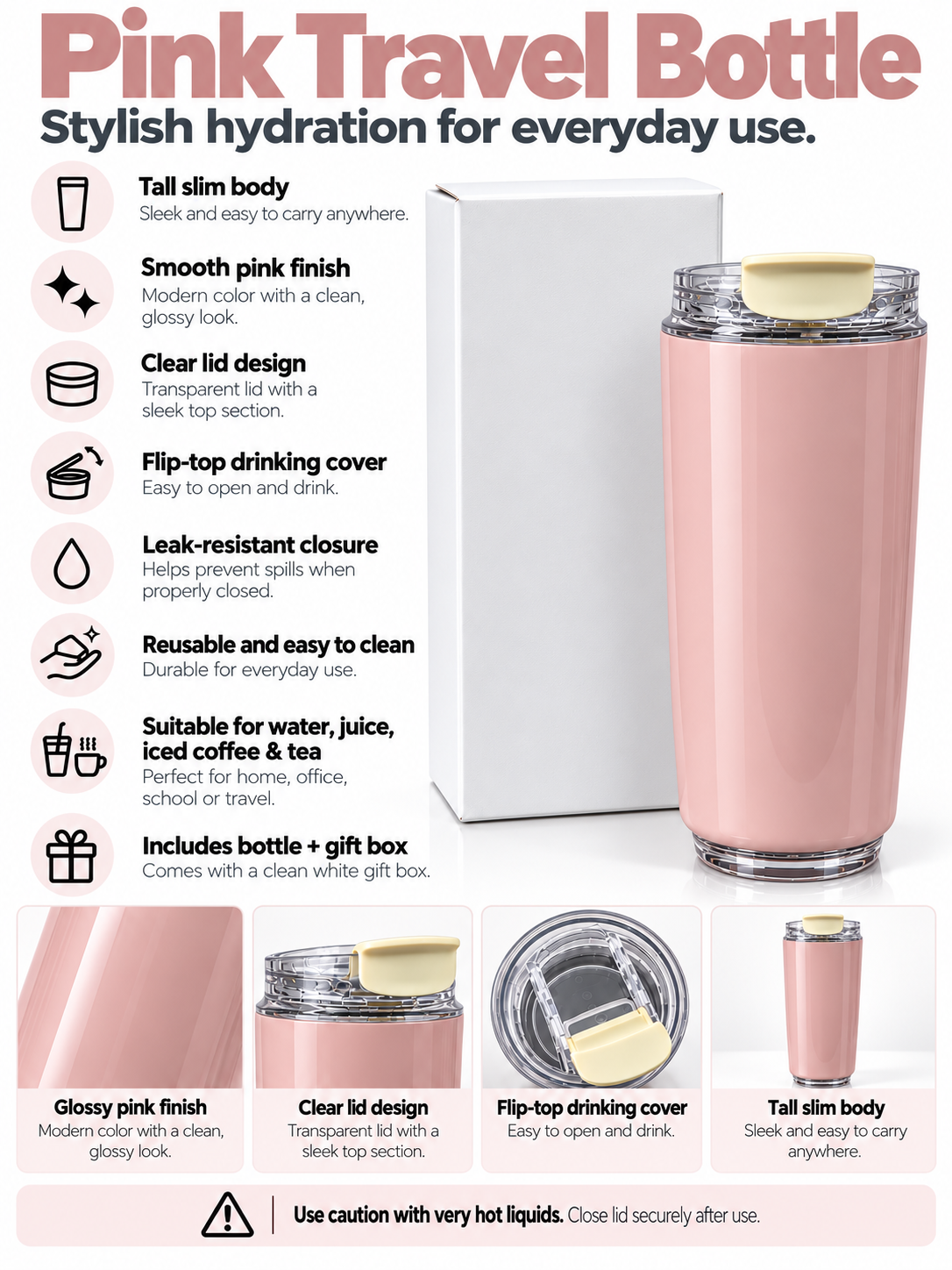 Pink travel bottle product features and details