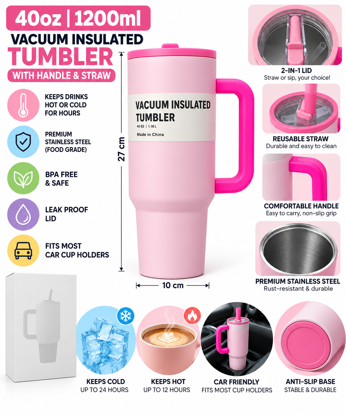 Pink tumbler features and details