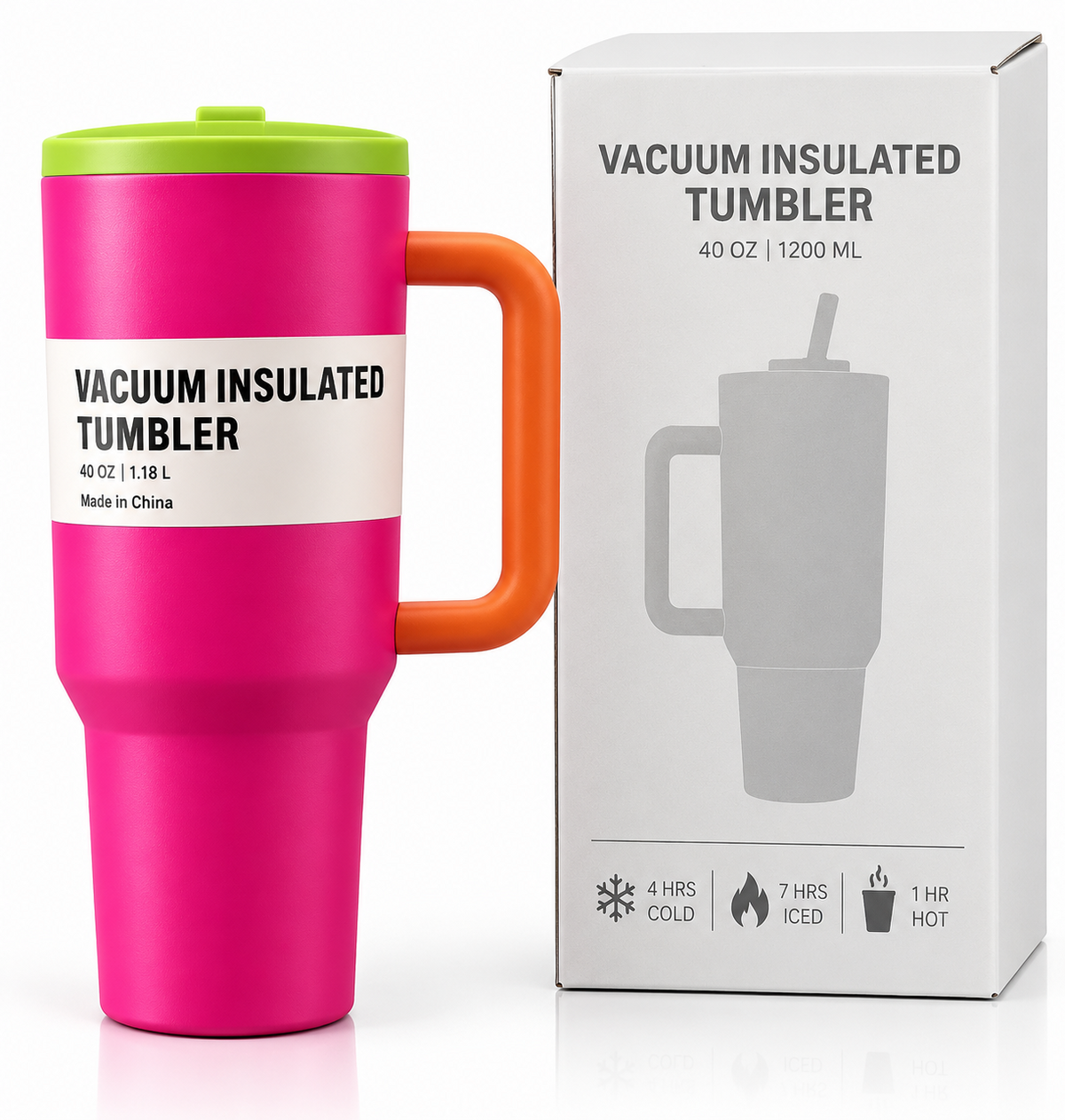 Hot pink tumbler with green lid and orange handle alongside packaging