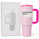 Pink insulated tumbler with packaging