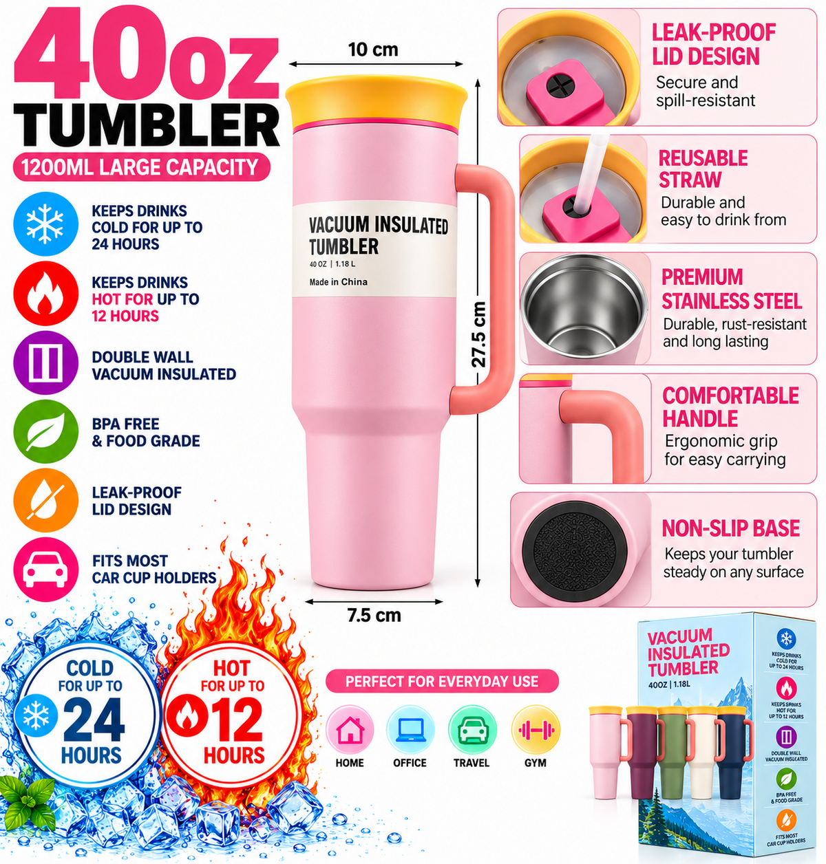 Light pink tumbler features and dimensions