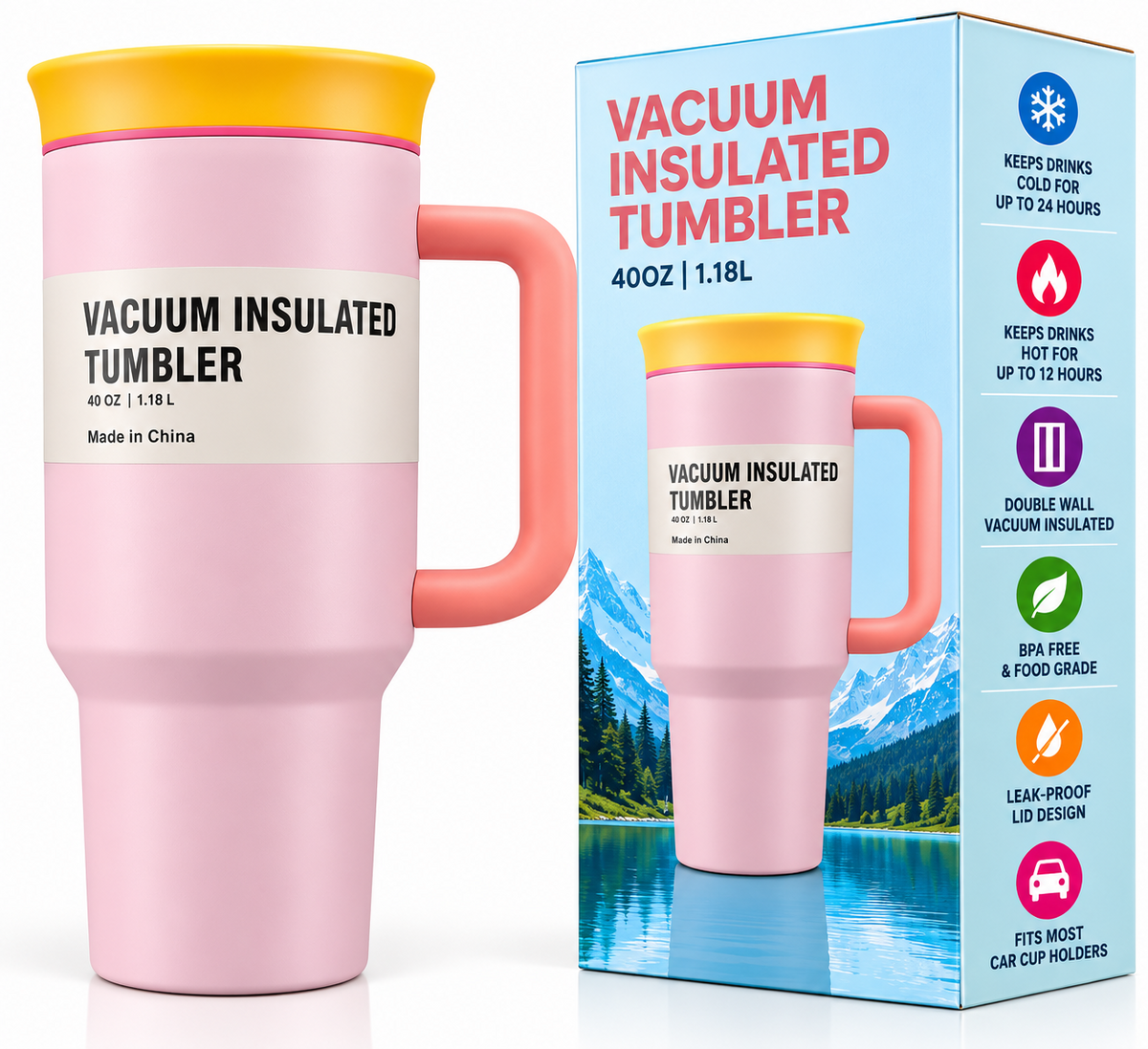 Light pink insulated tumbler with handle and retail box