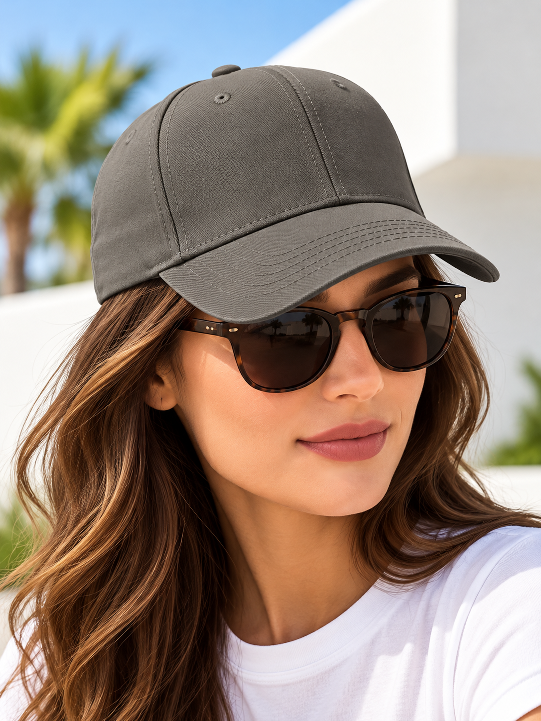 Dark grey plain baseball cap worn by female model with sunglasses