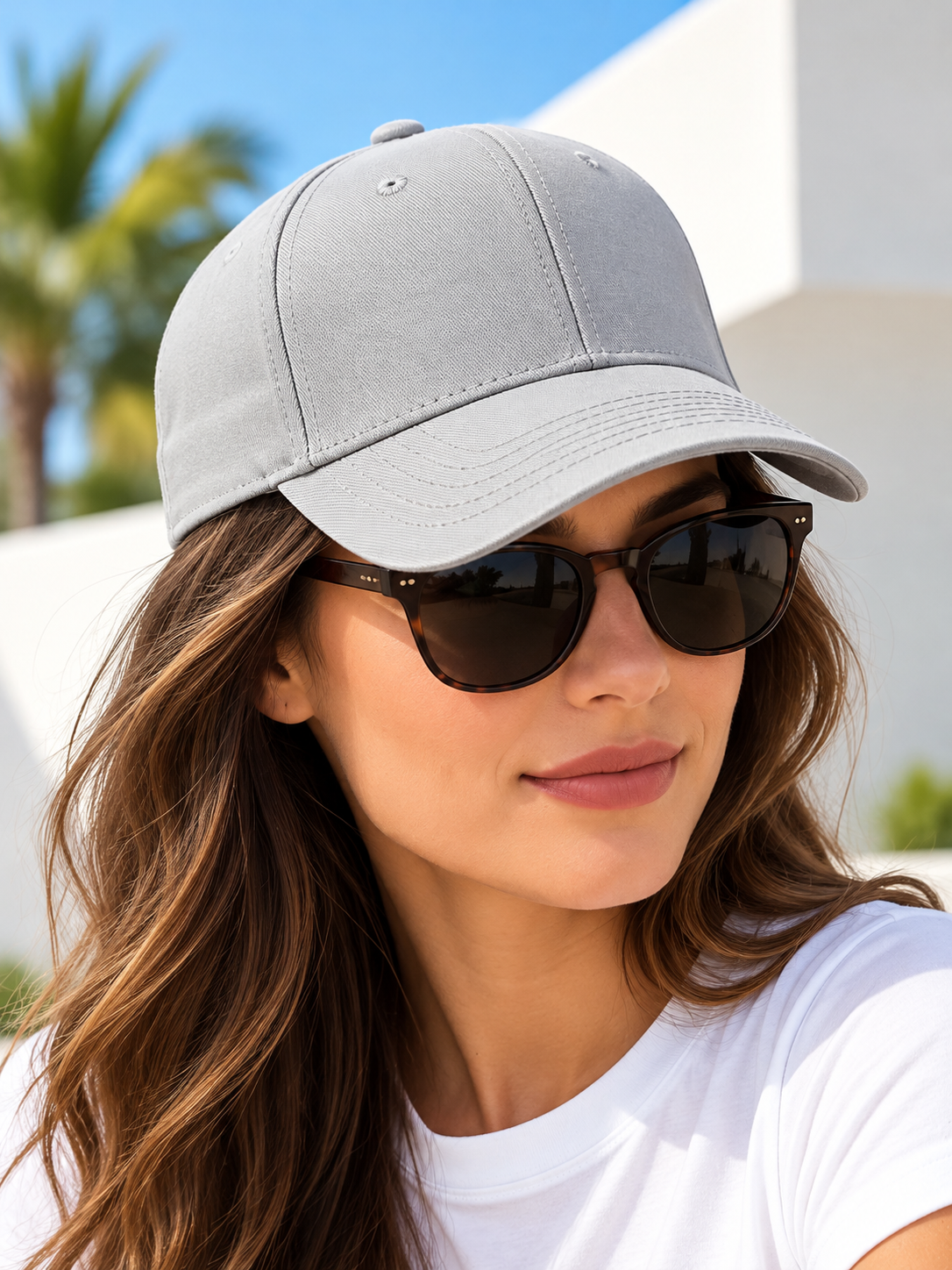Light grey plain baseball cap worn by female model with sunglasses
