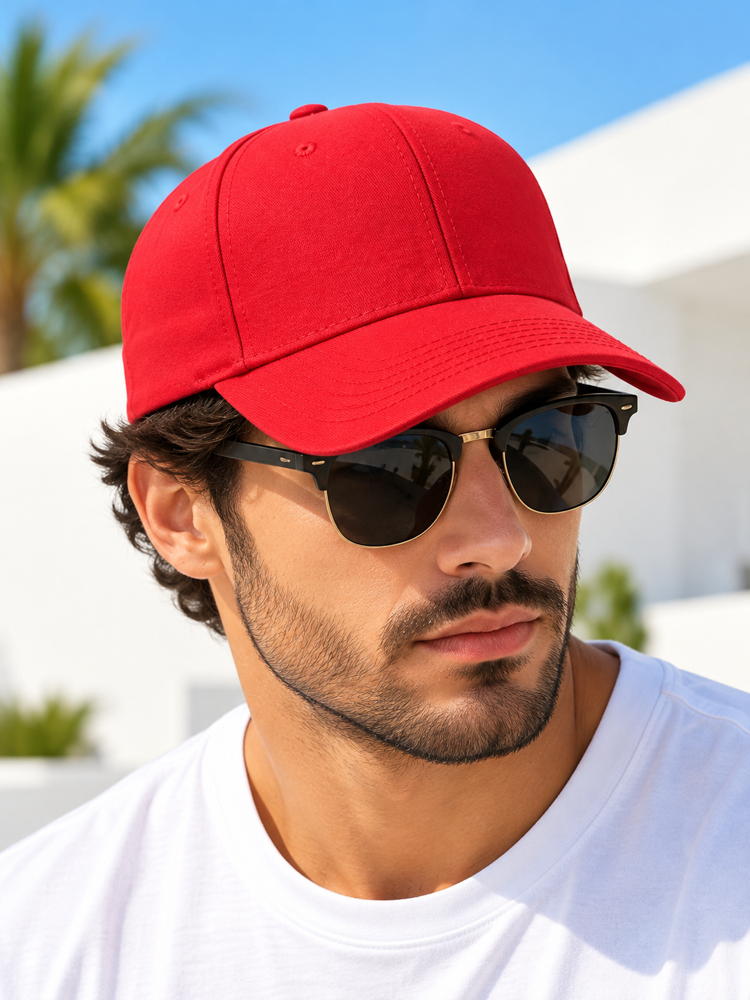 Bright red plain baseball cap on male model wearing sunglasses