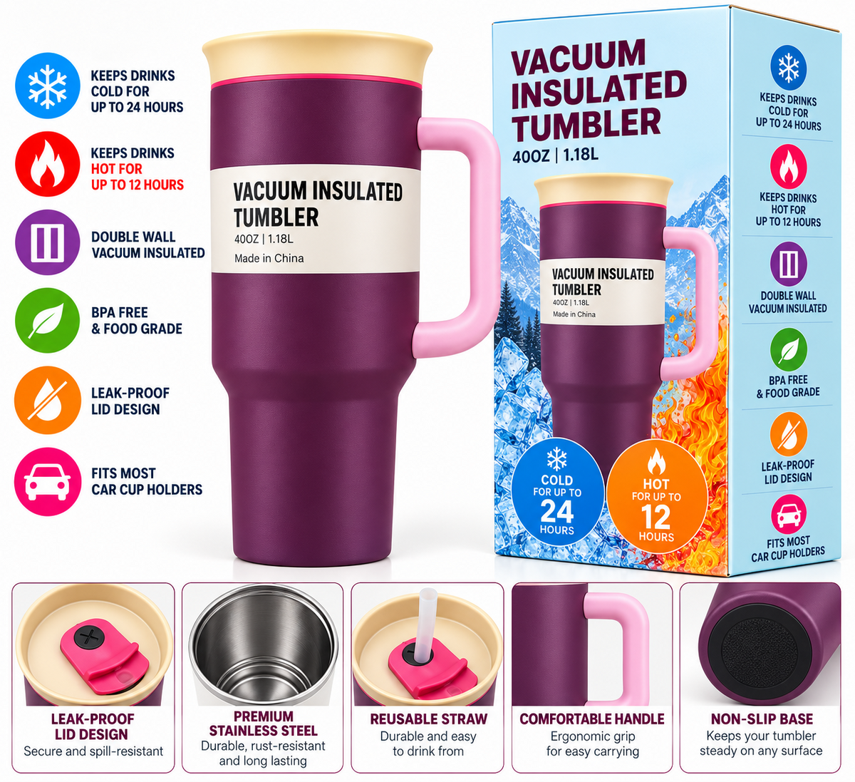 Plum purple tumbler with features and details