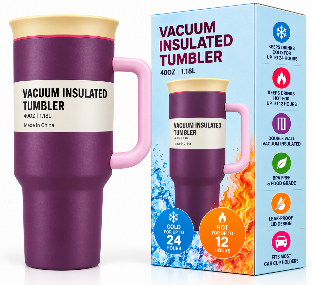 Plum purple tumbler with pink handle and packaging