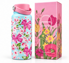 Premium stainless steel 950ml blue floral water bottle with pink carry handle and gift box