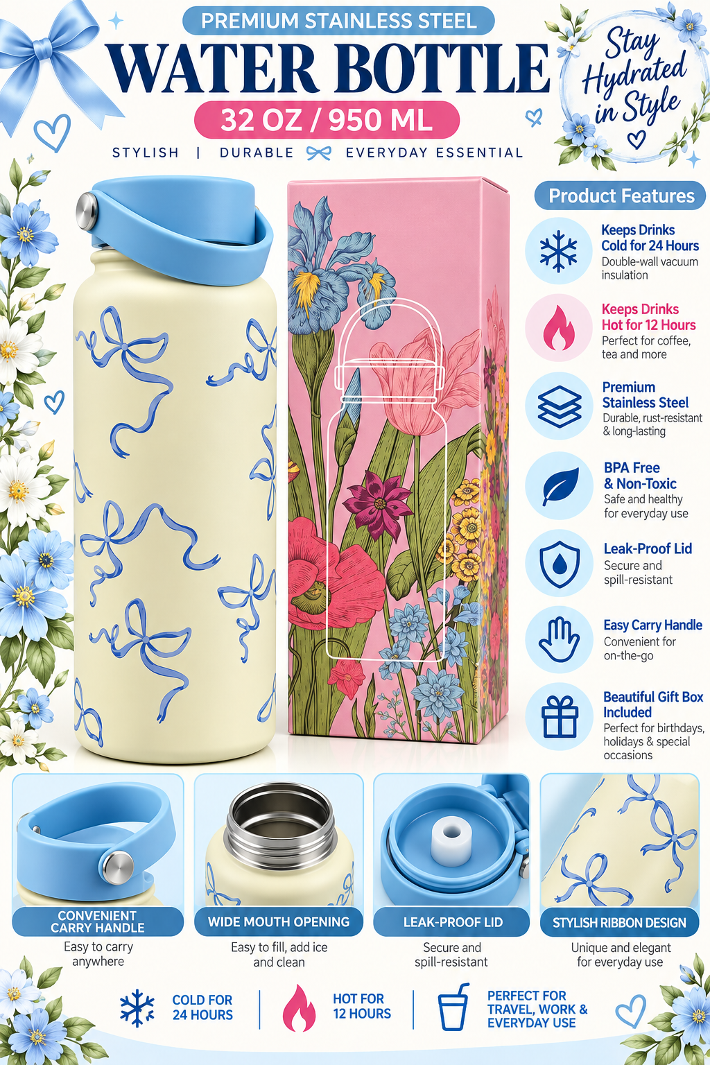 Premium stainless steel 950ml blue ribbon water bottle product features