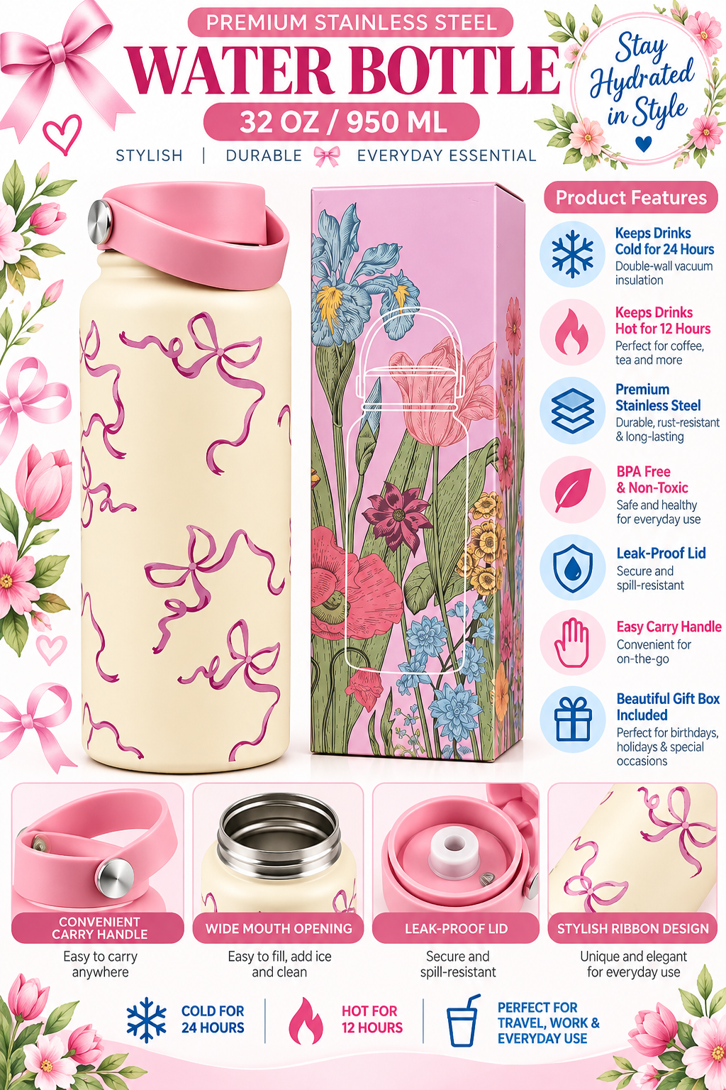 Premium stainless steel 950ml water bottle product features