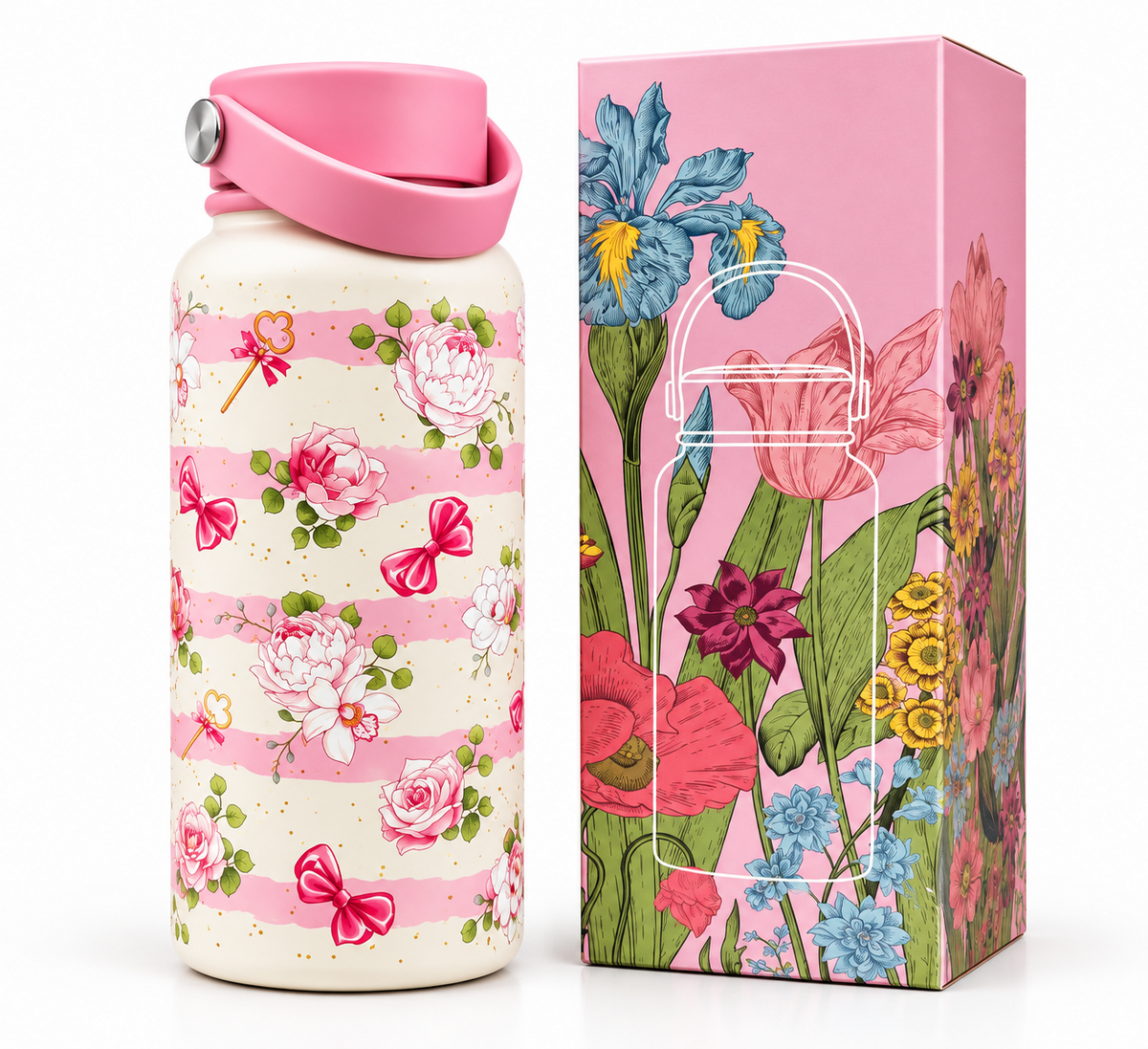 Premium stainless steel 950ml water bottle with pink floral and bow design