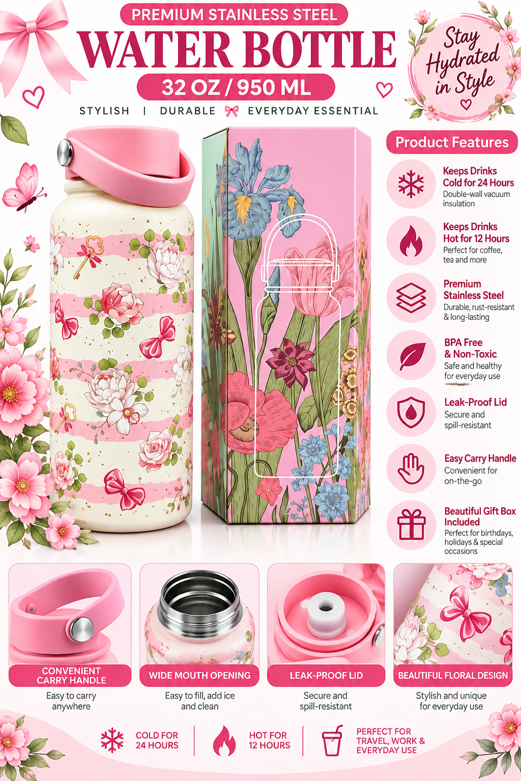 Premium stainless steel 950ml floral water bottle product features