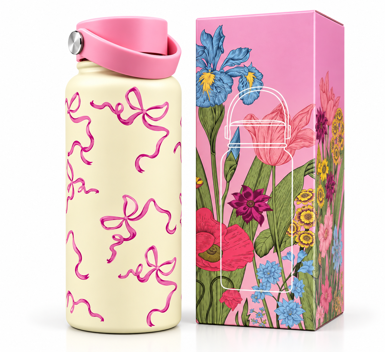 Premium stainless steel 950ml water bottle with pink handle and ribbon design