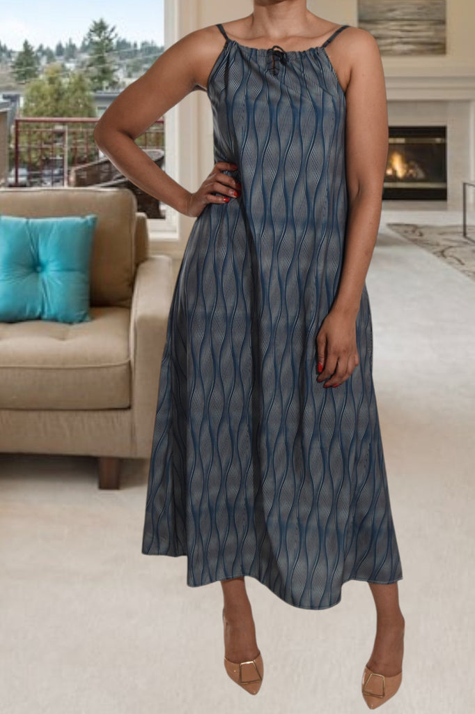 Printed Navy Grey Strappy Maxi Tie Dress - StylePhase SA