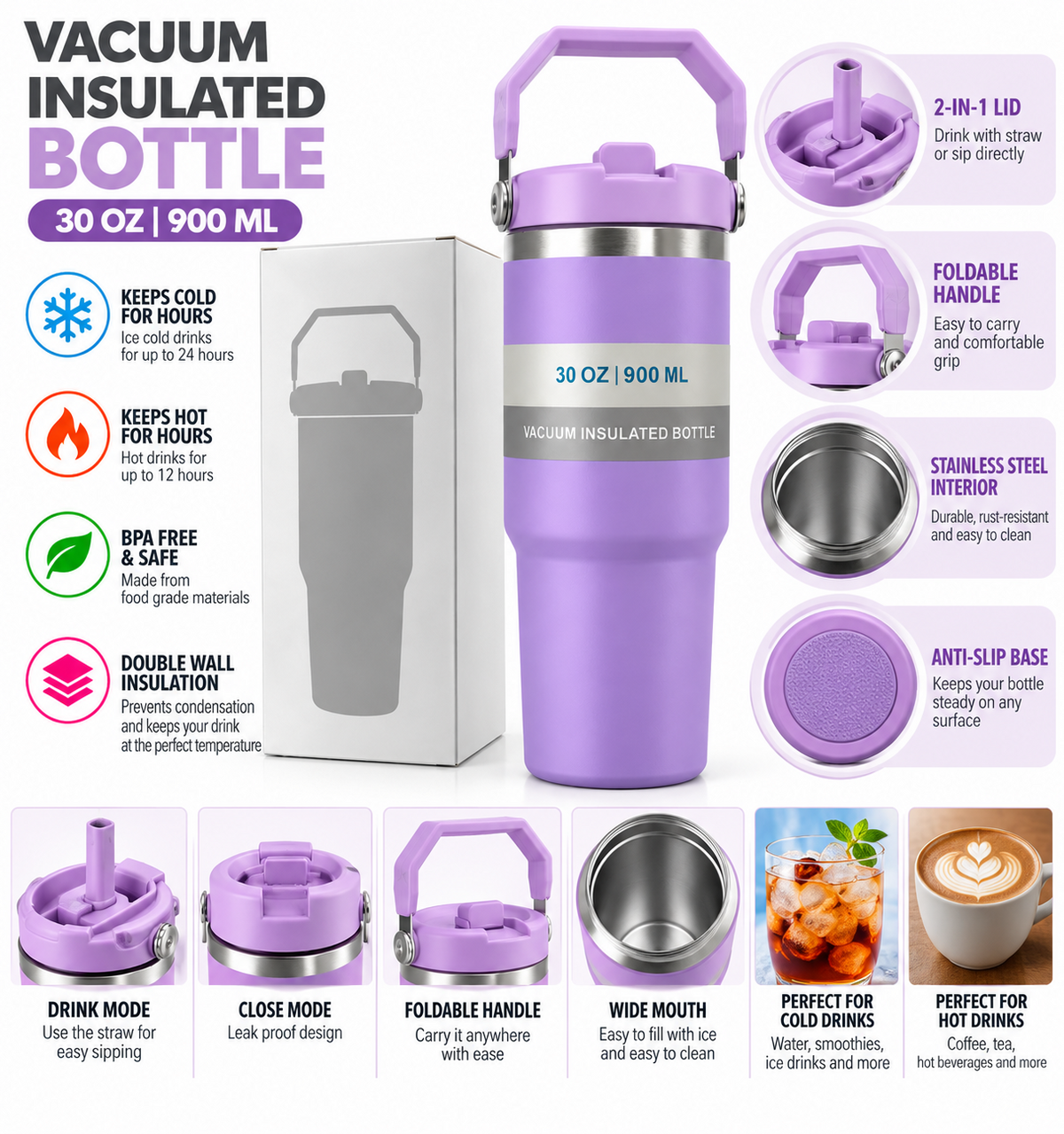 Purple 900ml insulated bottle features and details