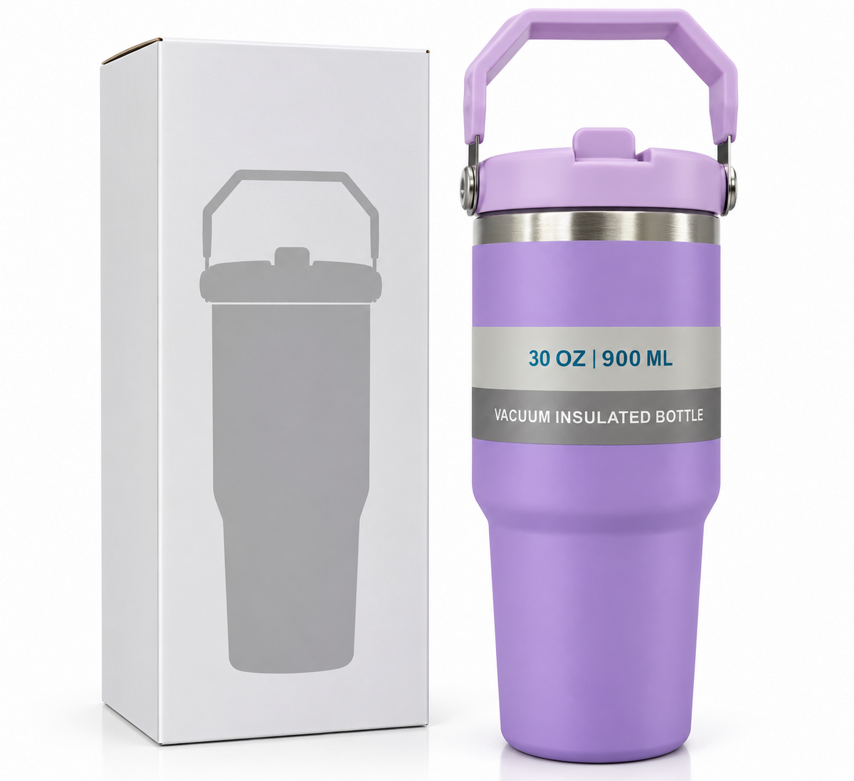 Purple 900ml insulated bottle with packaging