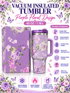 Purple floral vacuum insulated tumbler product features