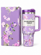 Purple floral 40 oz vacuum insulated tumbler with handle and matching gift box