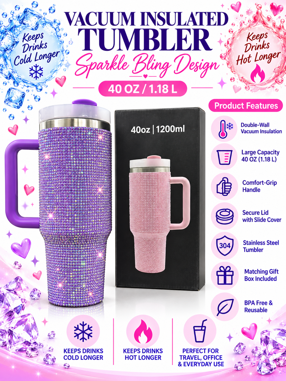 Purple sparkle bling 40 oz vacuum insulated tumbler product features