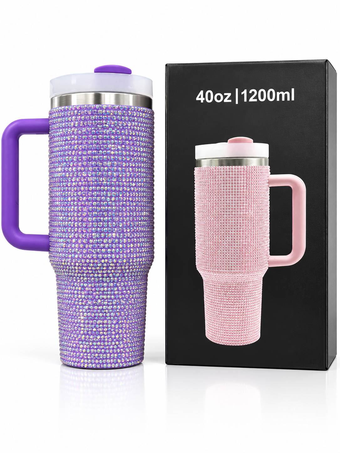Purple sparkle bling 40 oz vacuum insulated tumbler with gift box