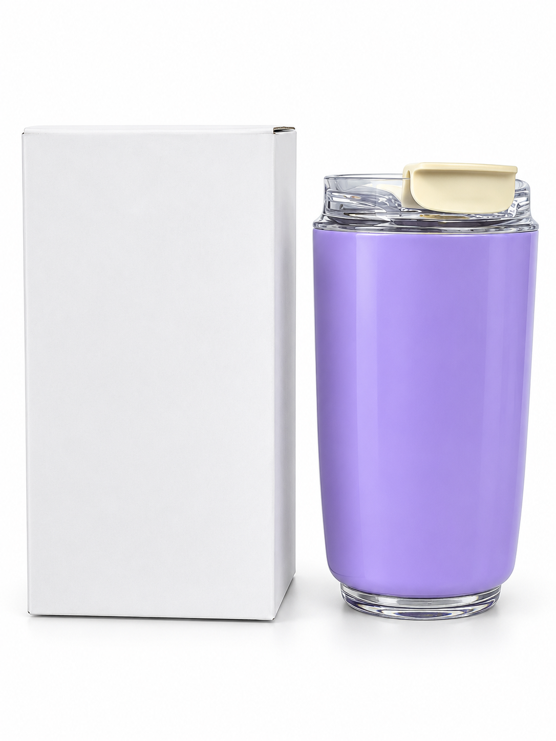 Purple travel bottle with clear flip-top lid and white gift box