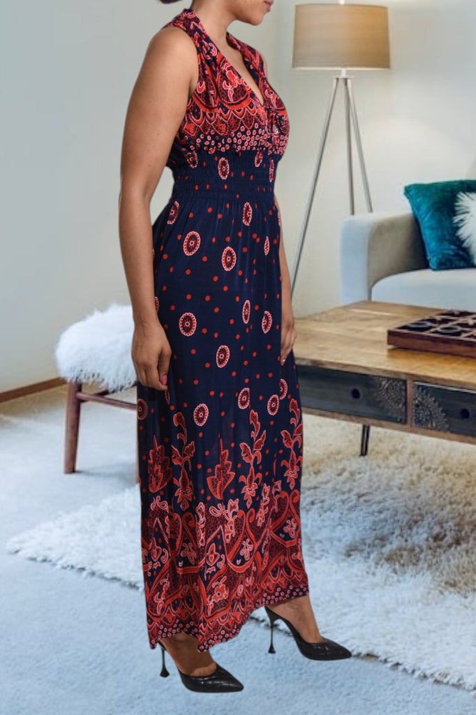 Red And Navy V Neck Maxi Dress - StylePhase SA