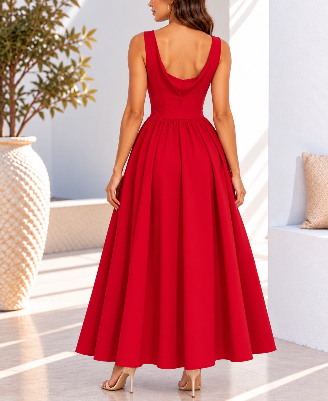 Red sleeveless button detail maxi dress back view