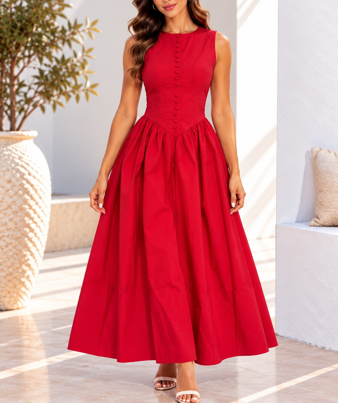 Red sleeveless button detail maxi dress front view