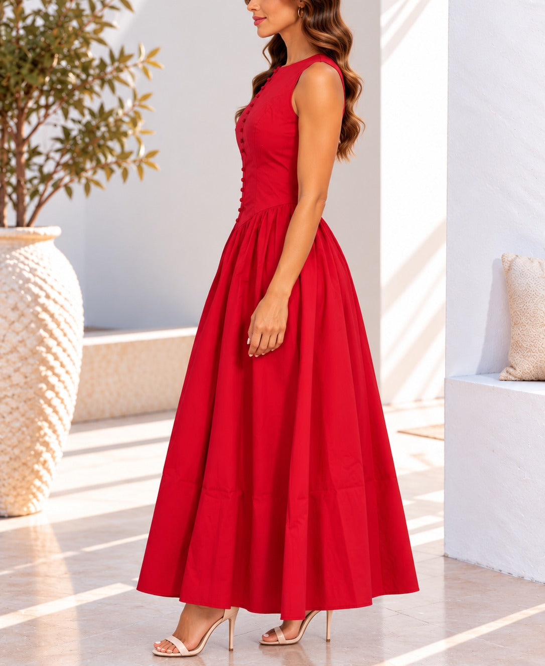 Red sleeveless button detail maxi dress side view