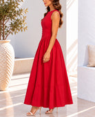 Red sleeveless button detail maxi dress side view