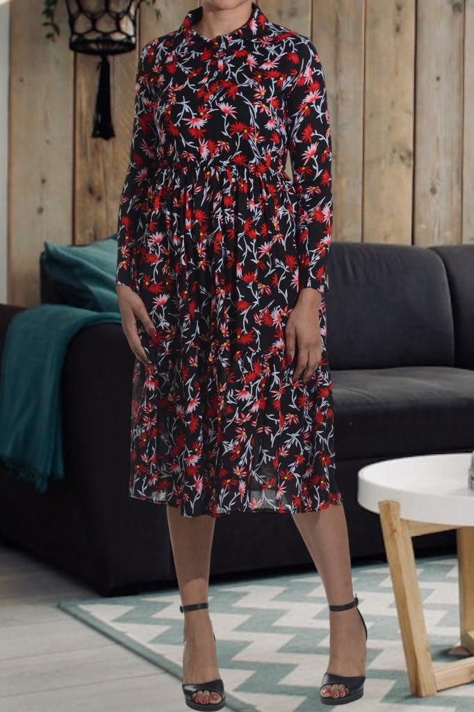 Red Floral Collar Ruffle Dress - StylePhase SA