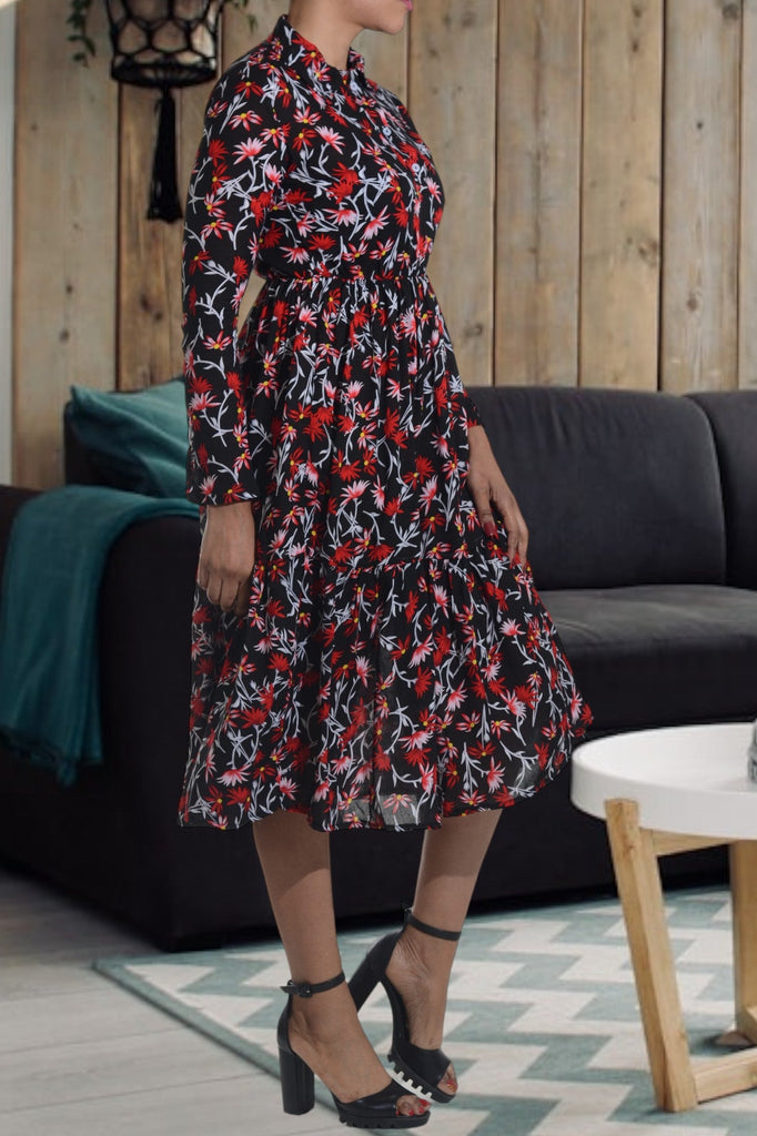 Red Floral Collar Ruffle Dress - StylePhase SA