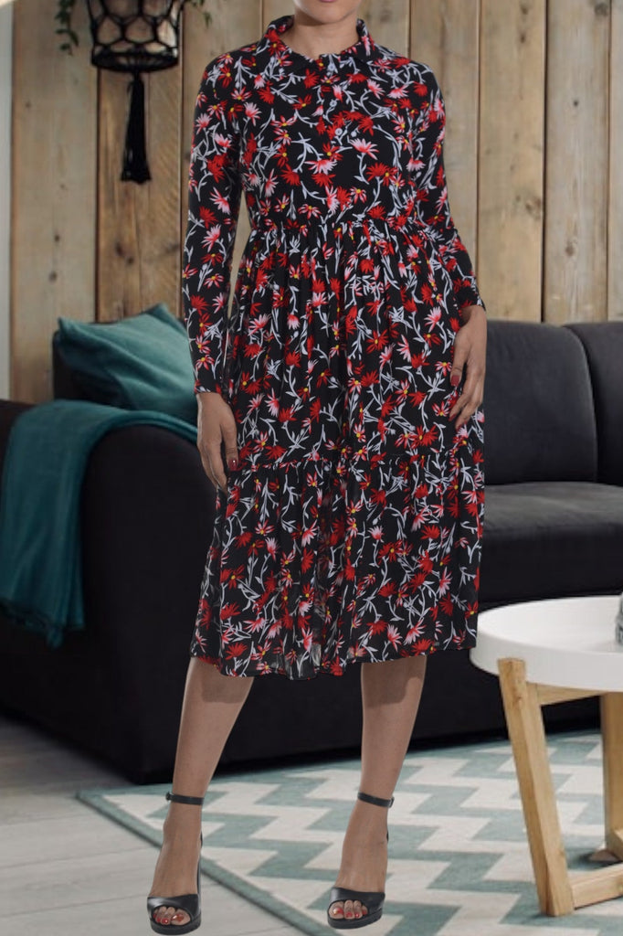 Red Floral Collar Ruffle Dress - StylePhase SA