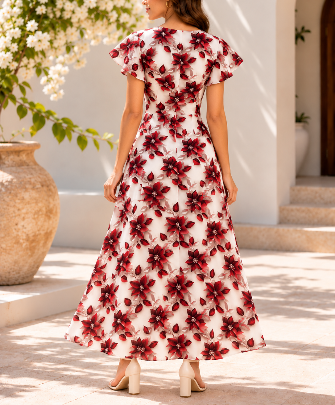 Back view of red floral flutter sleeve maxi dress
