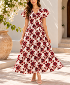 Front view of red floral flutter sleeve maxi dress