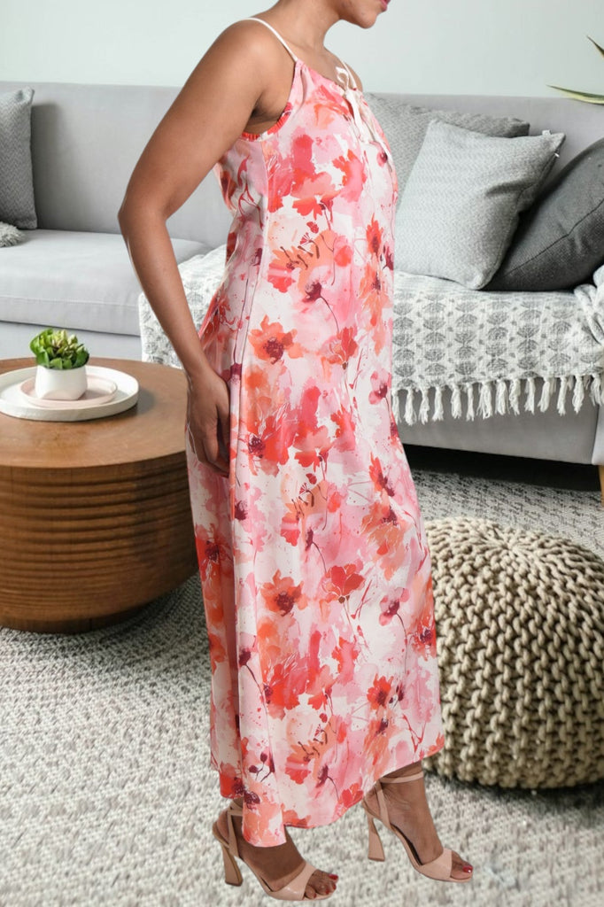 Red Floral Strappy Maxi Tie Dress - StylePhase SA