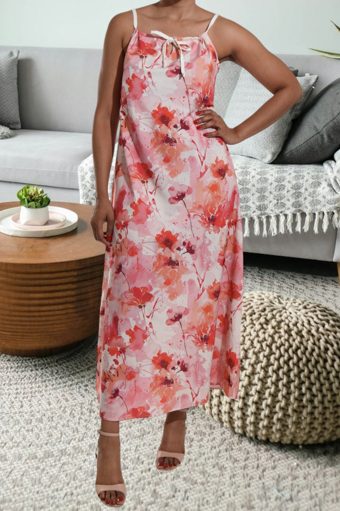 Red Floral Strappy Maxi Tie Dress - StylePhase SA