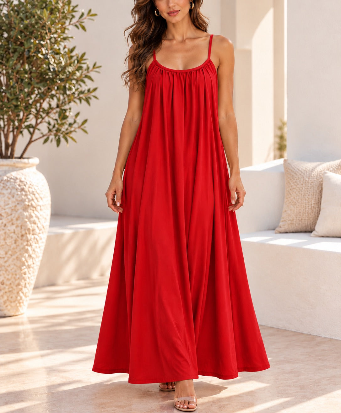 Red strappy ring-back maxi dress front view