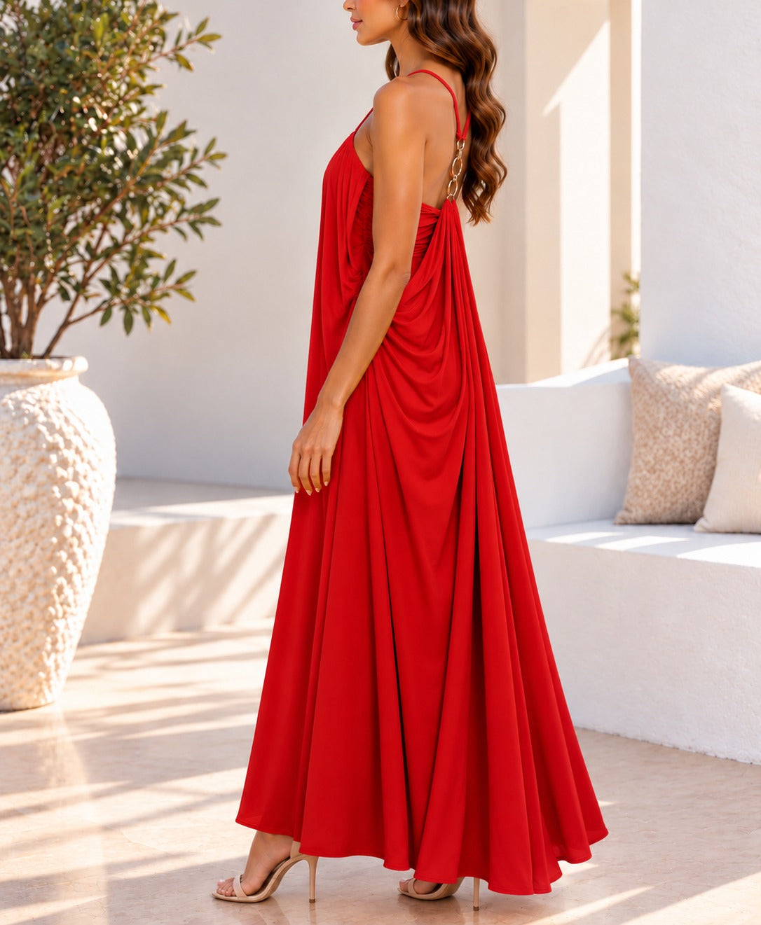 Red strappy ring-back maxi dress side view