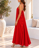 Red strappy ring-back maxi dress side view