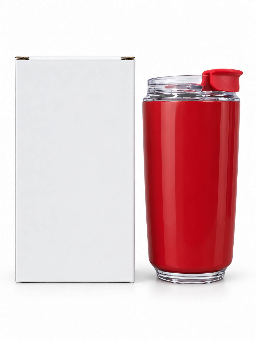 Red travel bottle with clear flip-top lid and white gift box