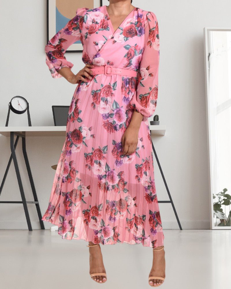 Rose Print Chiffon Pink Dress with Belt - StylePhase SA