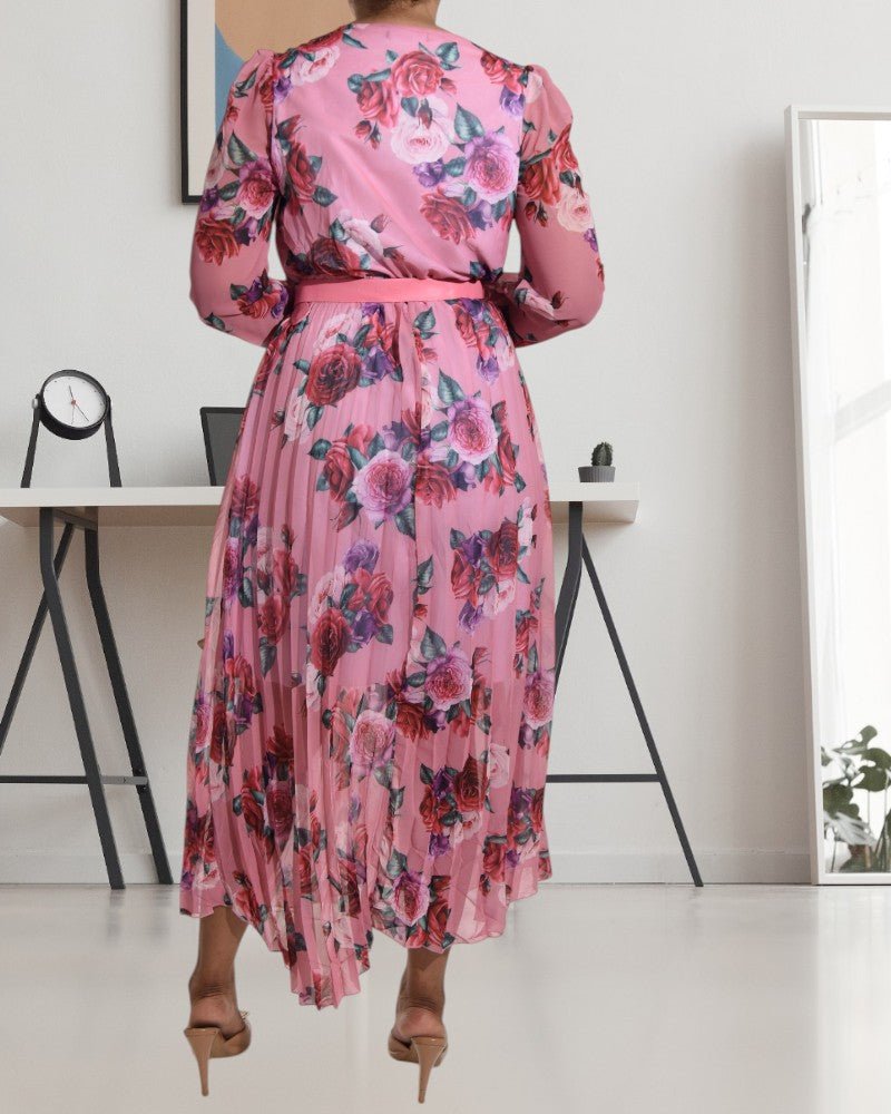 Rose Print Chiffon Pink Dress with Belt - StylePhase SA