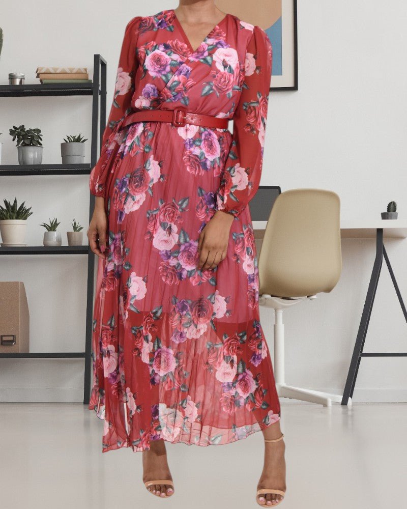 Rose Print Chiffon Red Dress with Belt - StylePhase SA