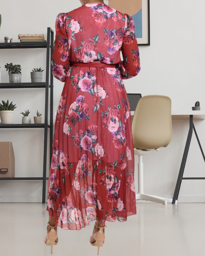 Rose Print Chiffon Red Dress with Belt - StylePhase SA