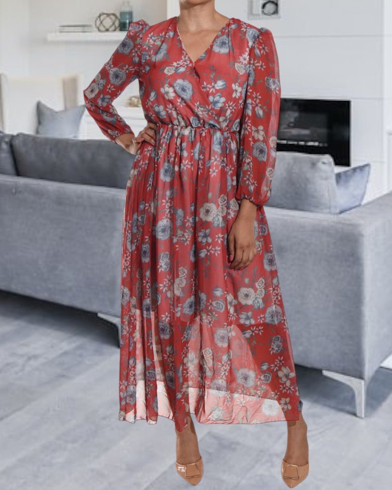 Rose Print Chiffon Rust Dress - StylePhase SA